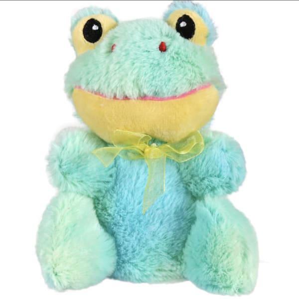 Plush frog toy with a yellow ribbon bow