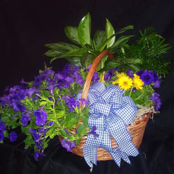 Basket of purple flowers with yellow daisies and a blue gingham bow