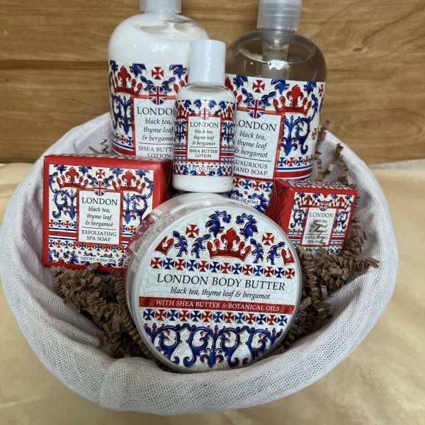 Basket of London Body care products with soap, lotion, and body butter