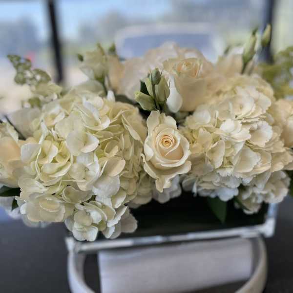 Cream hydrangeas and white roses in a low rectangular arrangement