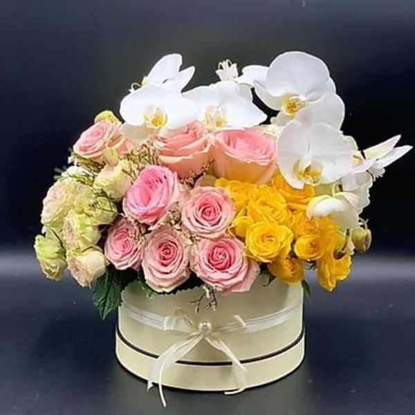 Pink and yellow roses with white orchids in a round box