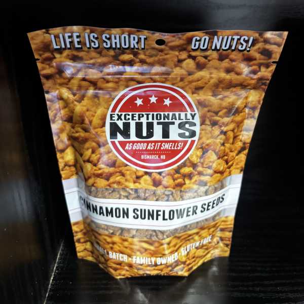 Bag of cinnamon sunflower seeds with bold printed label