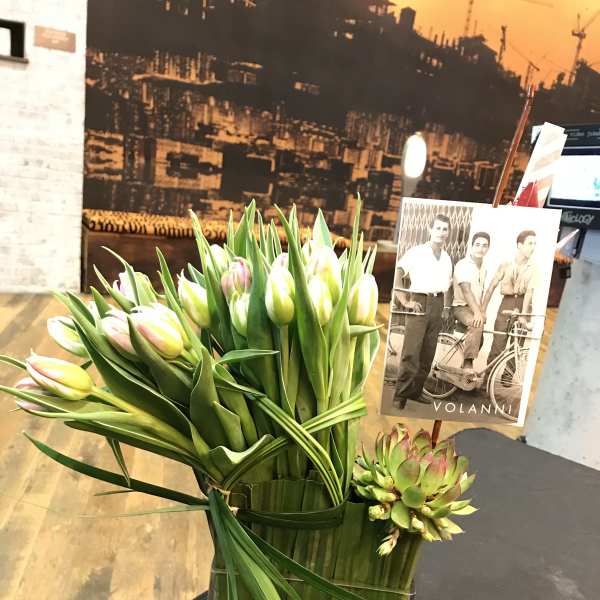 Tulip bouquet in a clear rectangular vase with a succulent accent