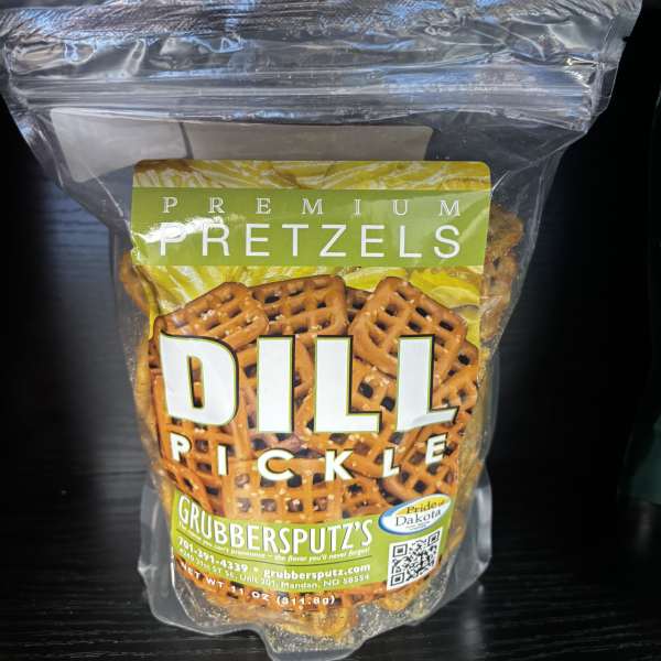 Bag of dill pickle pretzels in clear packaging