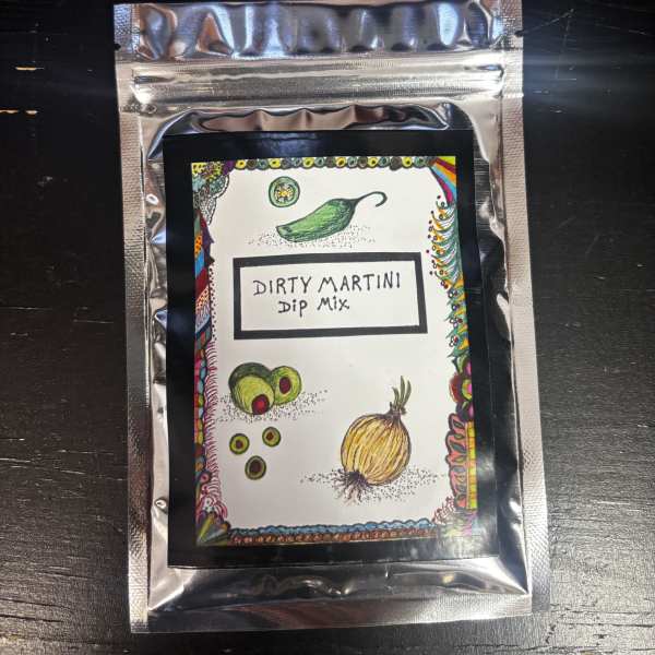 Silver packet labeled Dirty Martini Dip Mix
