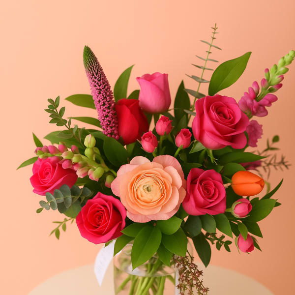 Bouquet of pink and peach roses in a clear glass vase
