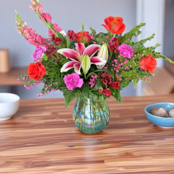Mixed bouquet with pink lilies and red roses in a glass vase