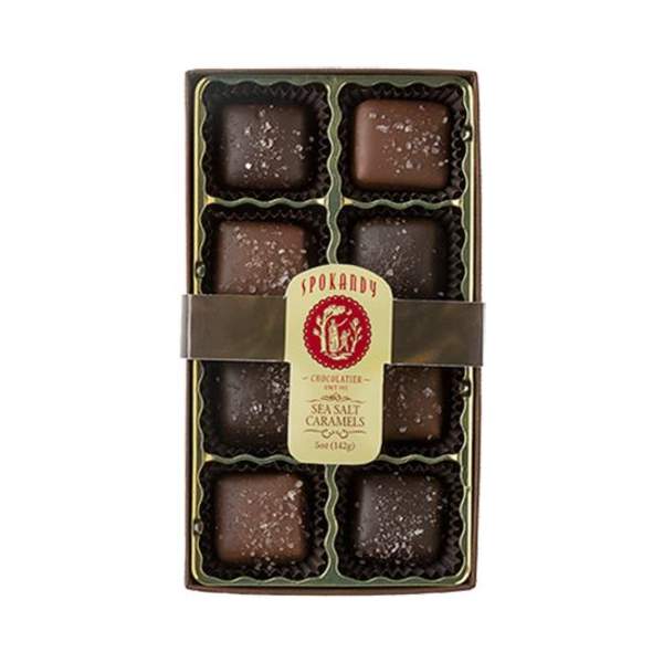 Box of sea salt caramel chocolates in individual trays