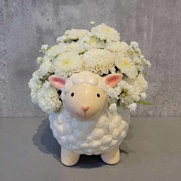 White flower arrangement in a sheep-shaped ceramic container