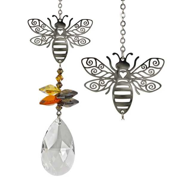 Two hanging bee ornaments with crystal beads and teardrop pendants