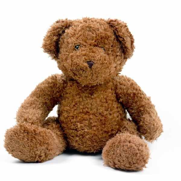 Brown plush teddy bear sitting on a white background