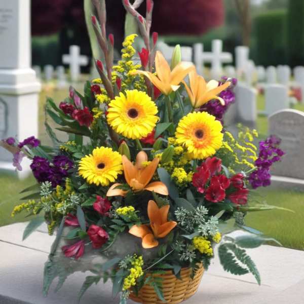 Basket arrangement with yellow gerberas, orange lilies, and purple flowers