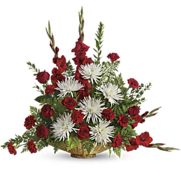 Basket arrangement of red roses and white spider mums