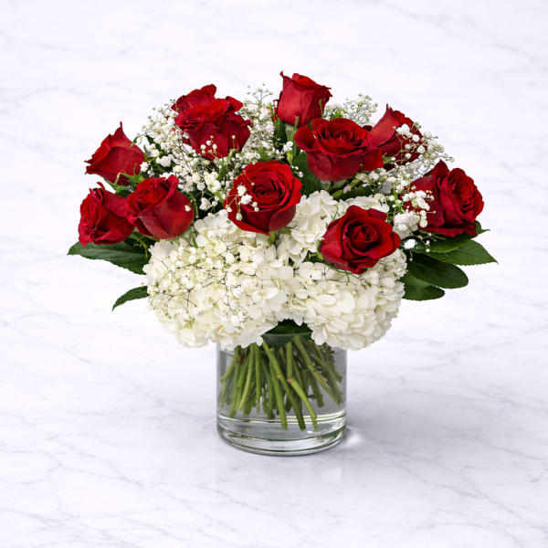 Red roses and white hydrangeas in a clear glass vase