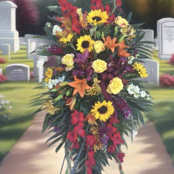 Tall standing funeral spray with sunflowers, roses, lilies, and red gladiolus