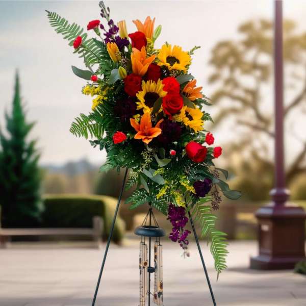 Standing floral spray with sunflowers, roses, and lilies on a metal easel