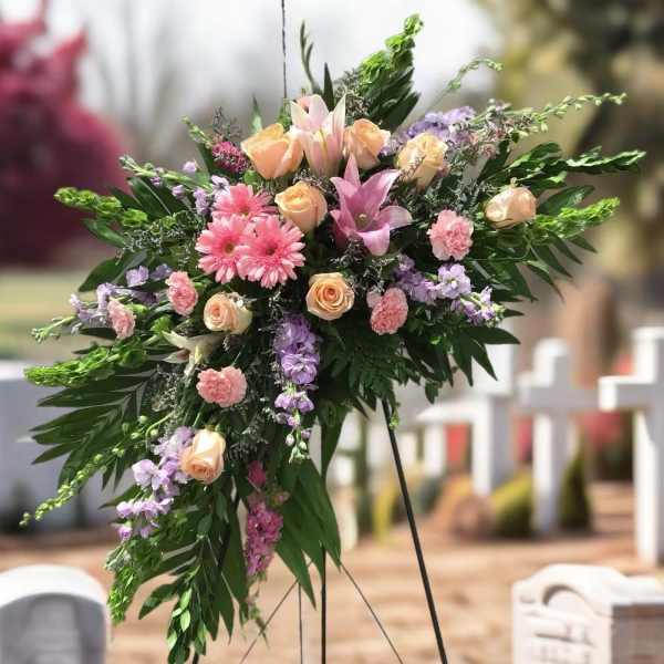 Standing floral spray with pink roses, lilies, and lavender blooms