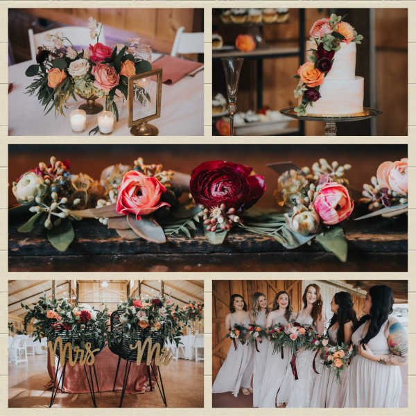 Collage of wedding floral arrangements, cake flowers, and bridesmaid bouquets