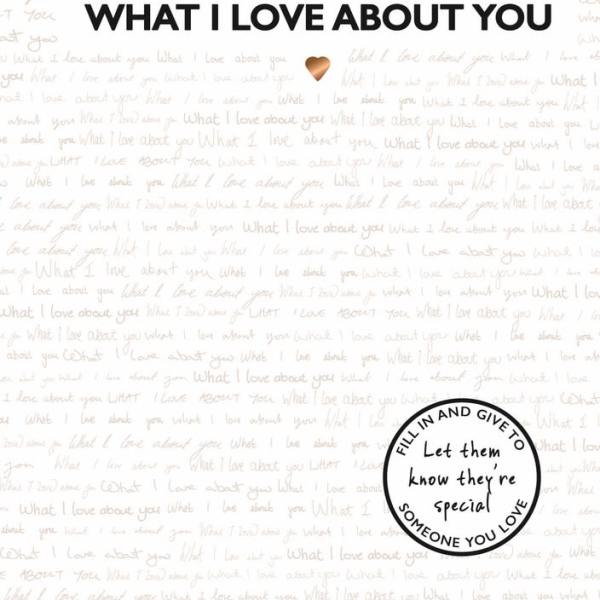 White gift wrap printed with "What I Love About You" and a small heart
