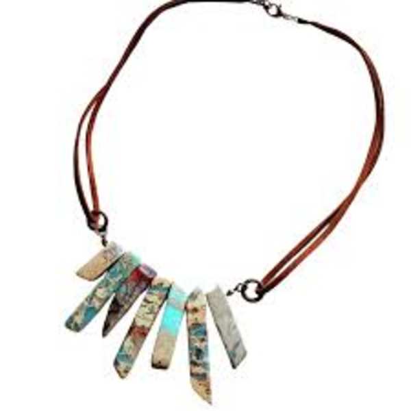 Brown cord necklace with multicolored dangling rectangular charms