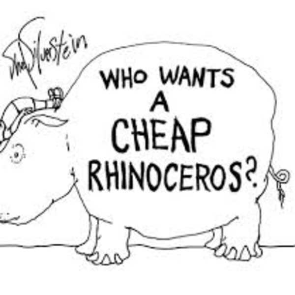 Black-and-white cartoon of a rhinoceros with text inside its body