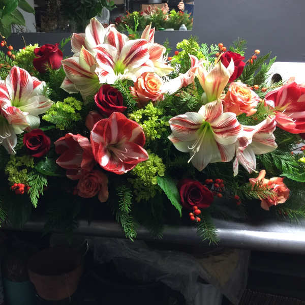 Arrangement of red and white amaryllis with roses and berries