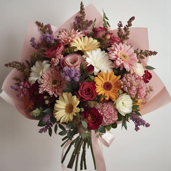 Mixed bouquet of roses, gerbera daisies, and pastel flowers wrapped in pink paper