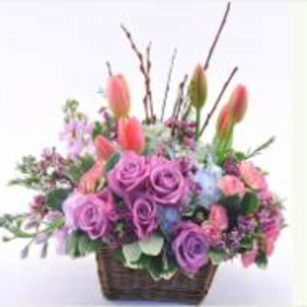 Basket arrangement of pink and purple roses with tulips