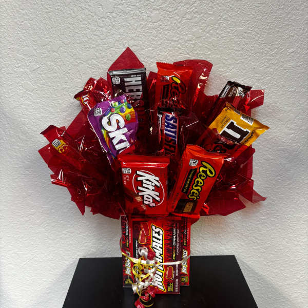 Candy bouquet with assorted chocolate bars wrapped in red cellophane