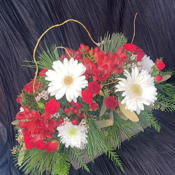 Red and white mixed flower basket with daisies and roses