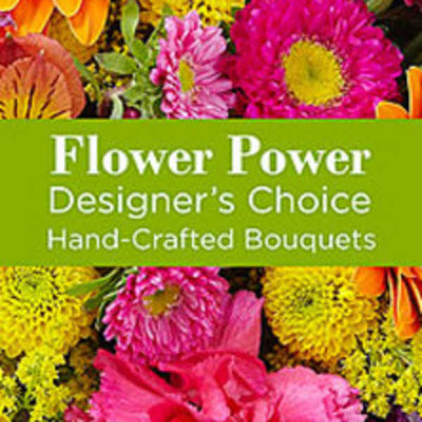 Colorful mixed flowers with a green text banner reading Flower Power