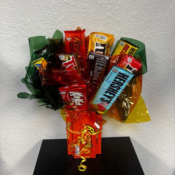 Bouquet of assorted candy bars wrapped in colorful cellophane