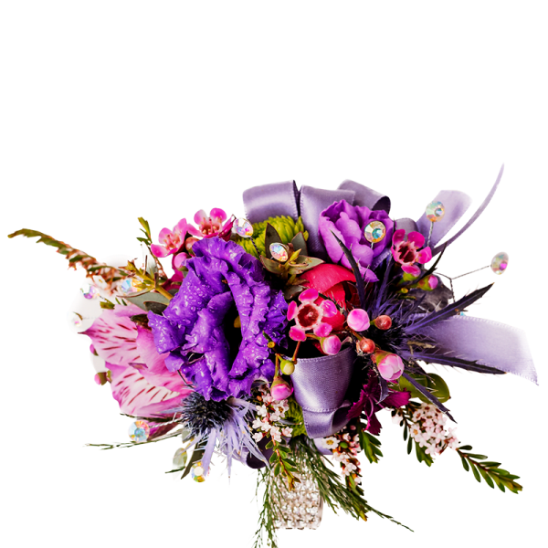 Purple and pink bouquet with a lavender ribbon and jeweled accents