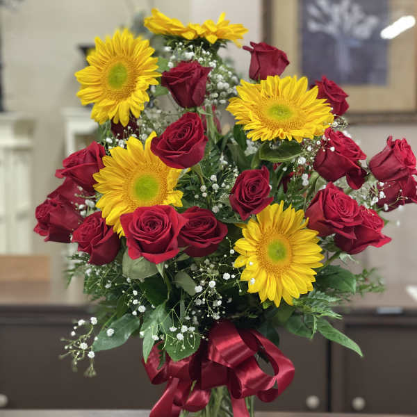2 Dozen Red Roses with Sunflowers