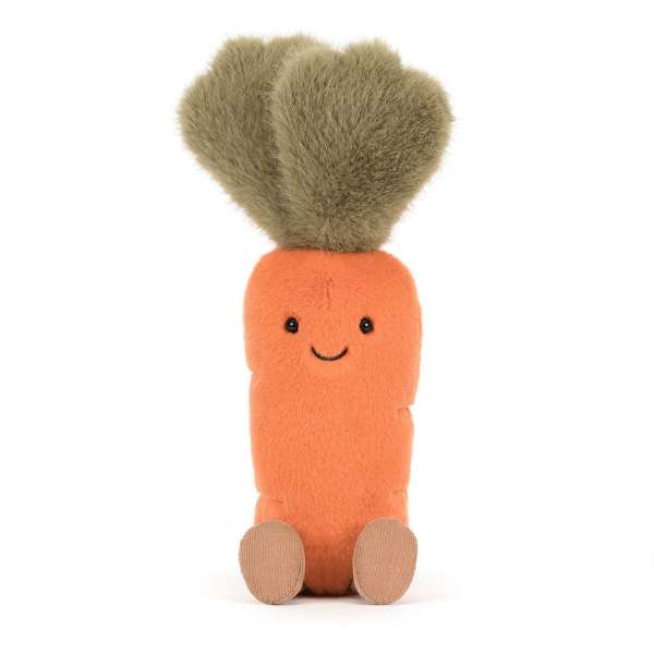 Orange plush carrot toy with a smiling face and fuzzy top