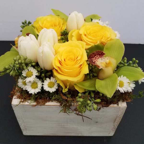 Yellow roses and white tulips in a white rectangular planter