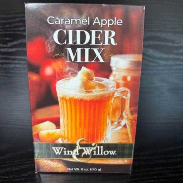 Box of caramel apple cider mix with a steaming mug on the front