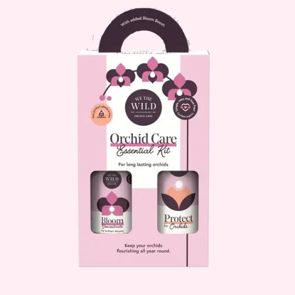 Pink orchid care kit box with two bottles visible