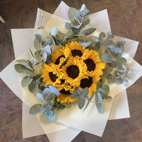 Bouquet of yellow sunflowers wrapped in white paper with eucalyptus