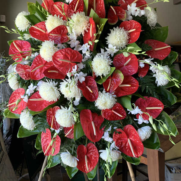 #161 red anthurium and white mum wreath