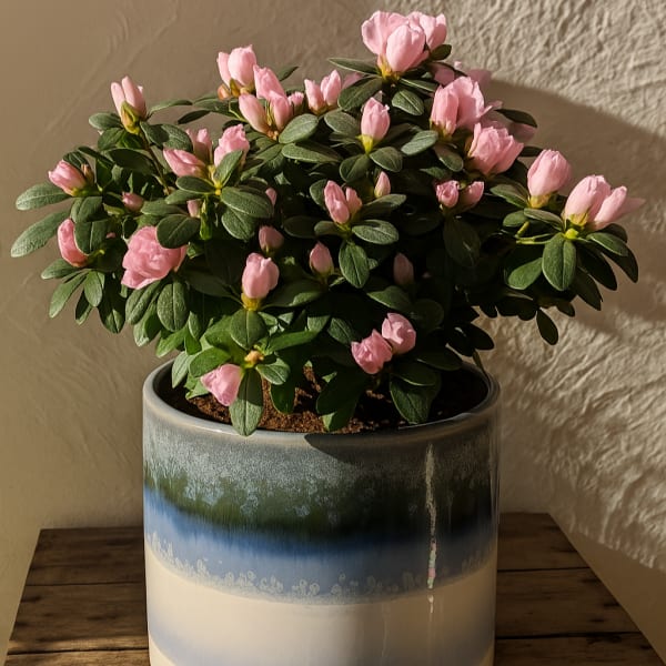 Potted plant with many small pink blooms in a blue and cream ceramic pot.