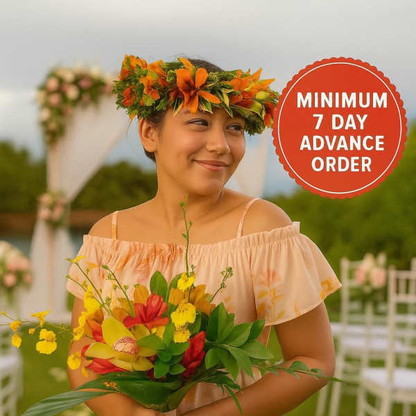 Woman in peach dress holding a tropical yellow and red bouquet with matching orange flower crown at an outdoor aisle.
