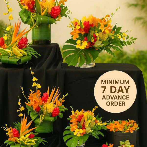 Collection of tropical orange, yellow, and red flower arrangements in green and black containers on black fabric.