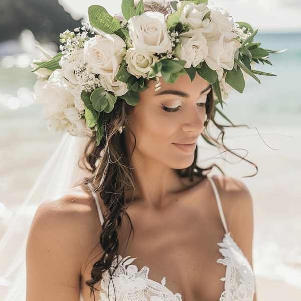 Bride wearing a white rose flower crown and veil at the beach