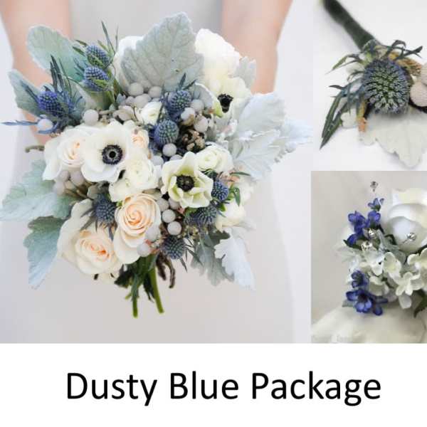 Dusty blue bridal bouquet with white roses and thistle