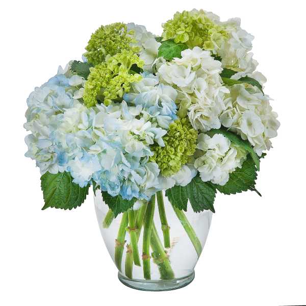 Arrangement of white, green, and pale blue hydrangeas in a clear glass vase