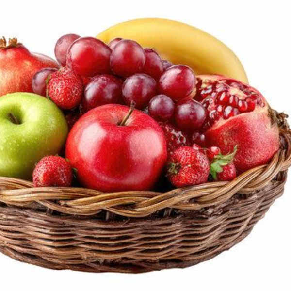 Basket of assorted fruit including apples, grapes, strawberries, and pomegranate