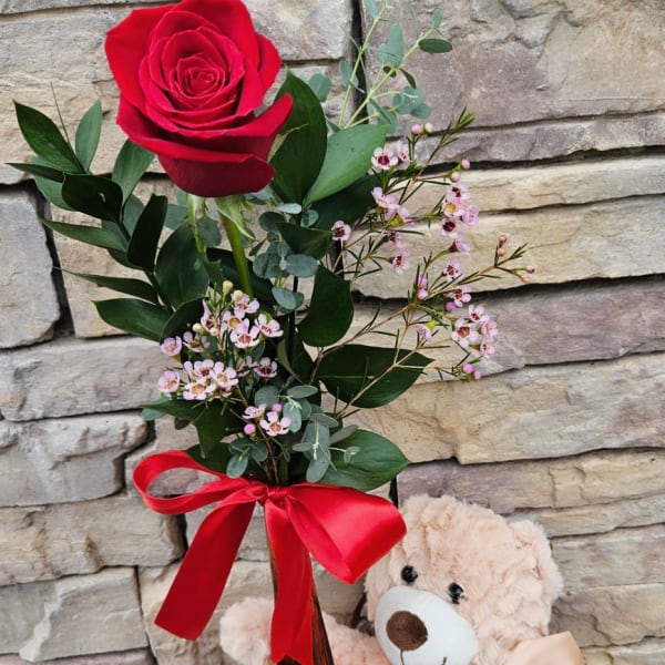 Single red rose in a vase with a teddy bear beside it