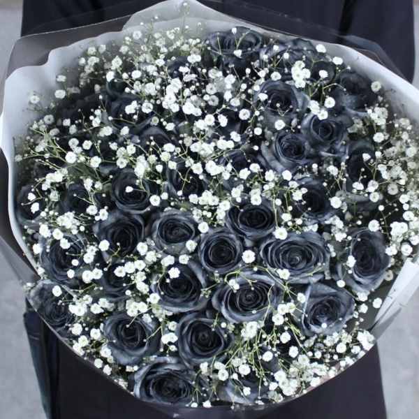 Bouquet of dark roses with small white filler flowers