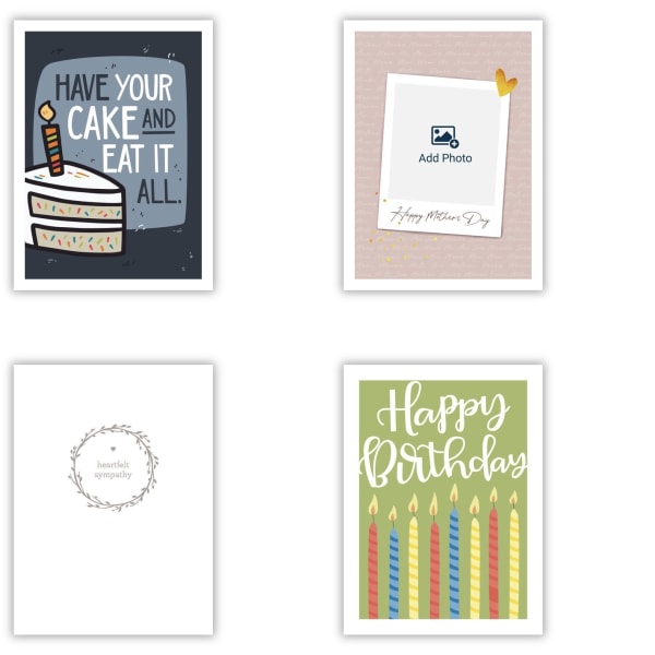 Set of six greeting cards with birthday, sympathy, and thank-you messages